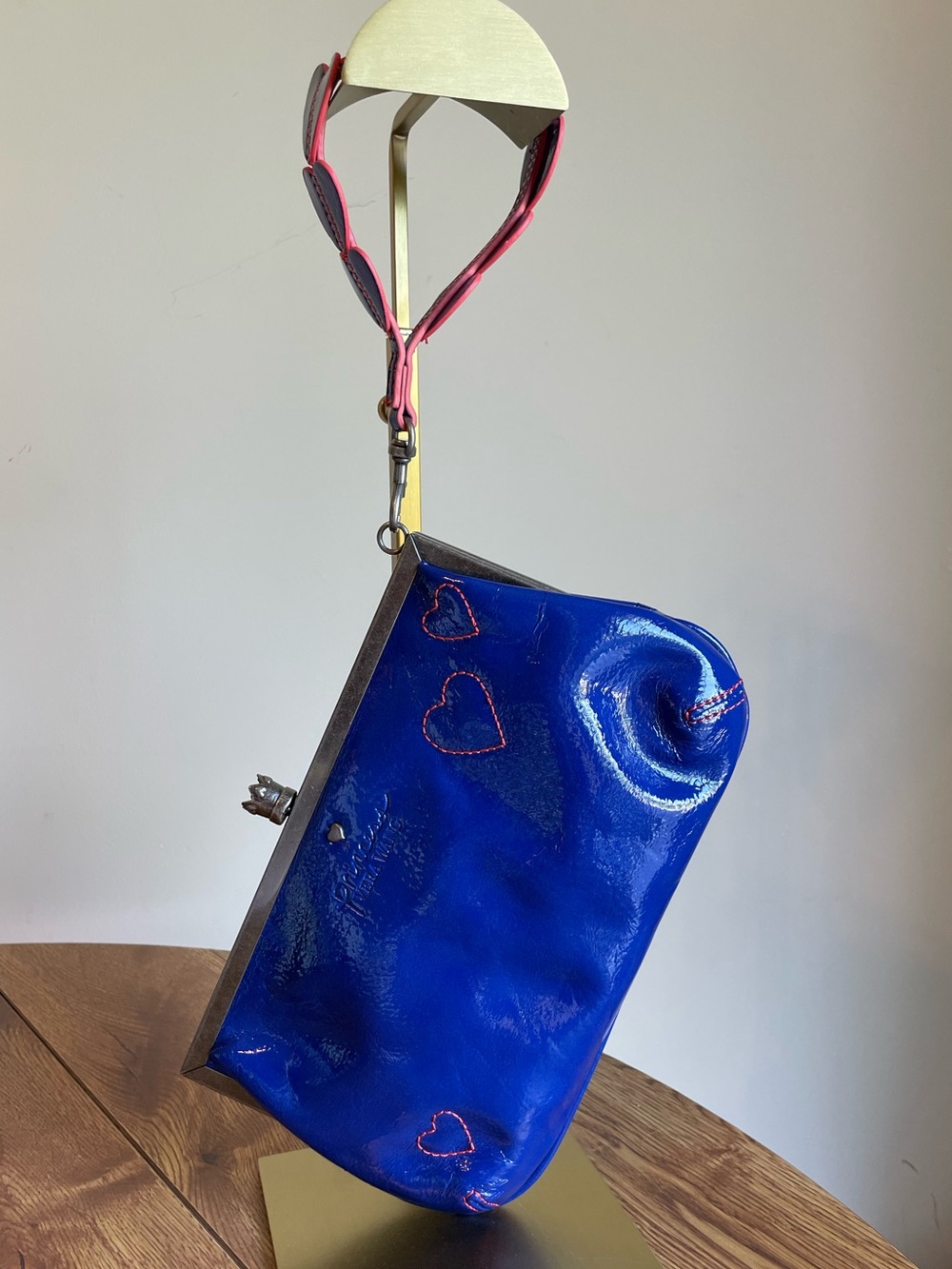 Vera Wang Bright Blue Patent Heart-Detail Frame Clutch - Picture 2 of 6